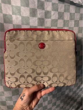 Coach Signature Jacquard Laptop Sleeve with Red/Pink Trim